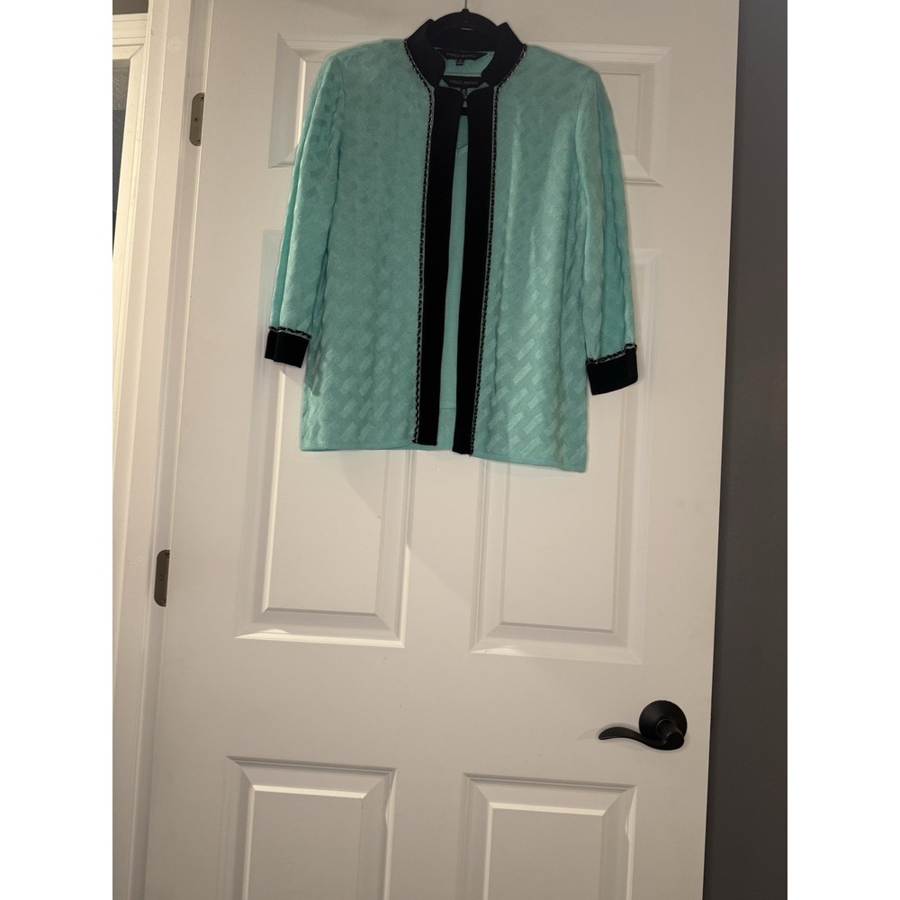 Ming Wang 2 Piece Sweater Set Small Teal Black Shoulder Pads Chain Decor Trim